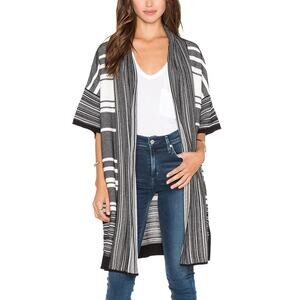 Vince Black & White Stripe Knit Short Sleeve Longline Open Cardigan Sweater